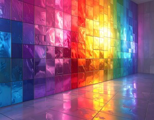 Rainbow-colored tiles on a wall in a room, reflecting light on floor