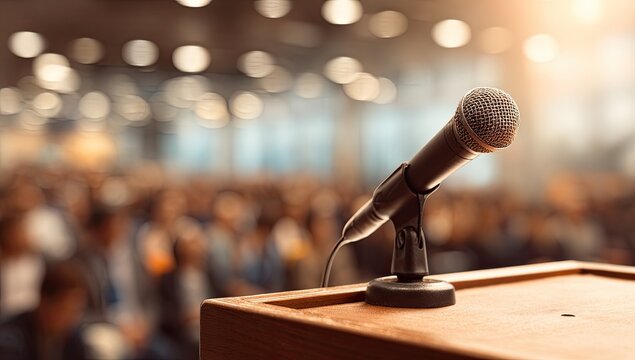 Microphone stands ready at a podium on stage before a blurred audience