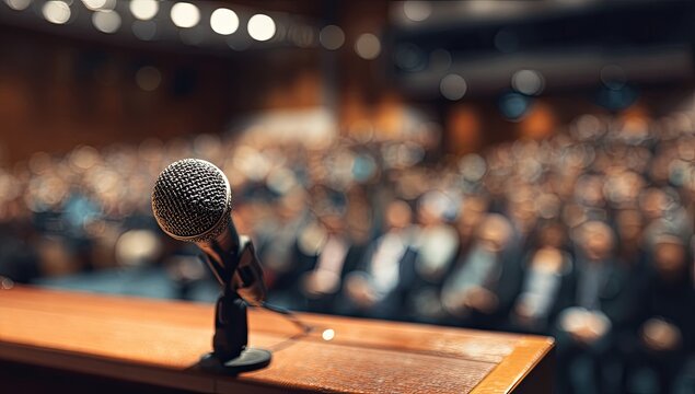 A microphone rests on a wooden podium before a blurred audience in a dimly lit hall