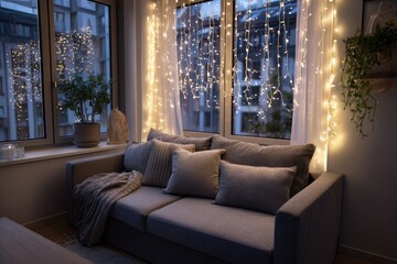 Fototapeta premium Cozy living room with plush sofa adorned with fairy lights