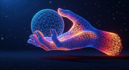 A digital hand cradles a sphere, both constructed of glowing, interconnected lines, on a dark background