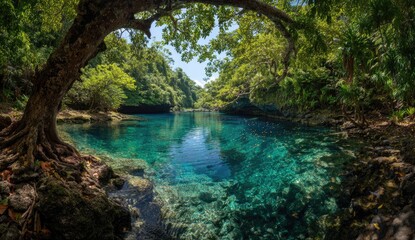 Fototapeta premium Lush tropical jungle frames a clear, vibrant turquoise pool with submerged coral formations
