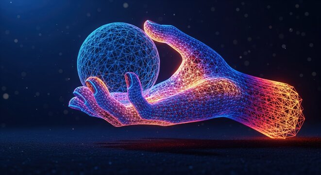 A digital hand cradles a sphere, both constructed of glowing, interconnected lines, on a dark background - Powered by Adobe