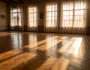 Room with sunlight streaming through windows, creating shadows