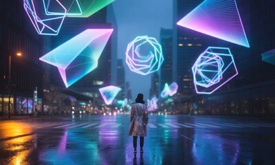 A figure stands in a wet city street, surrounded by floating neon geometric shapes
