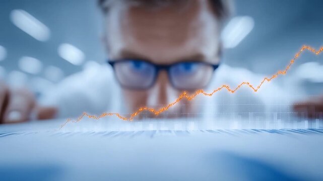 Analytical Focus: A focused individual scrutinizes a dynamic line graph, highlighting the dedication required in financial analysis and strategic thinking.