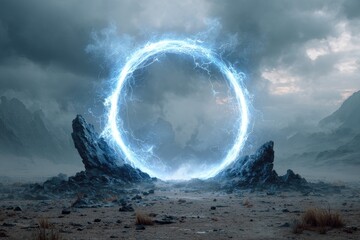 A luminous blue portal crackles with energy, set against a rugged, misty landscape