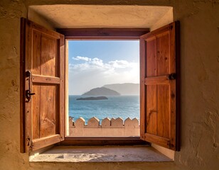 Rustic window framing a scenic view of ocean, island, and blue sky