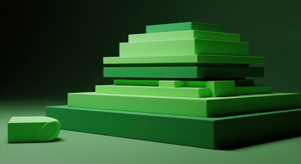 A geometric, stepped, green structure resembling a pyramid with a single block at its base
