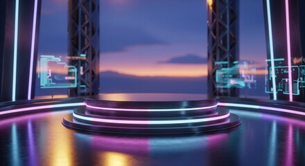A futuristic stage with neon lights and a sunset background, a sleek platform