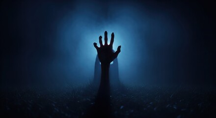 A ghostly hand reaches up from the darkness, silhouetted by ethereal blue light