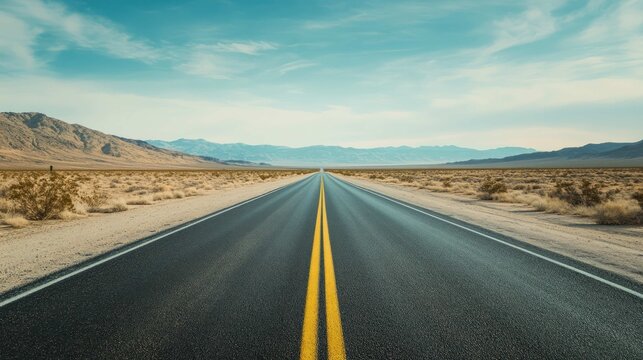 An empty, straight road stretching to a vanishing point in the desert horizon, under a vast, open sky, symbolizing a journey, minimalist and powerful.