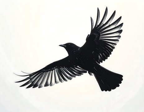 A black crow flies against a soft white sky, wings outstretched in a dynamic pose