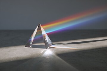 Glass prism refracts light beam into a spectrum of colors on a gray surface