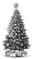 Elegant Christmas Tree Sketch with Gift Boxes and Large Star Topper Isolated on White