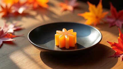 Minimal Japanese Autumn Dessert Still Life with Wagashi on Black Ceramic Plate, Warm Refined Seasonal Style