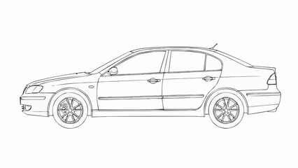 Fototapeta premium Detailed Line Art of a Sedan Car Side View.