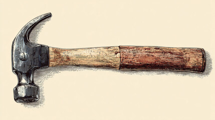 Vintage Style Claw Hammer Illustration with Wooden Handle and Metallic Head Etching
