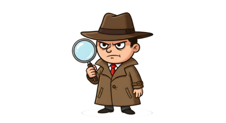 Cartoon Detective Character Wearing Trench Coat and Hat Holding Magnifying Glass