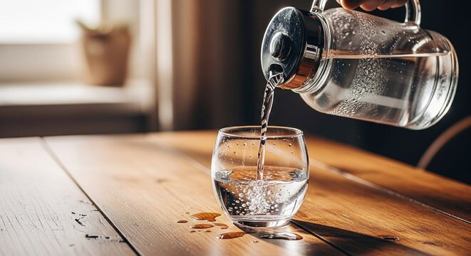 A hand pours water from a glass pitcher into a rounded glass on a wooden table