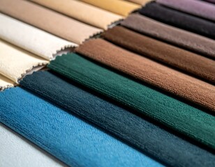 Samples of fabric swatches in various rich colors, angled for display