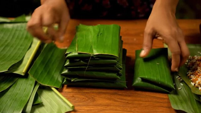 Woman's Hands Neatly Wrapping Rice Packages in Fresh Green Banana Leaves on a Rustic Wooden Table Top Display