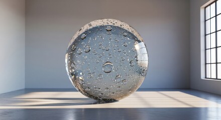 A large, clear sphere filled with bubbles, on a concrete floor, lit by sunlight in a white room