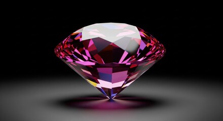 A large, faceted gemstone with pink and purple hues, against a dark, reflective background
