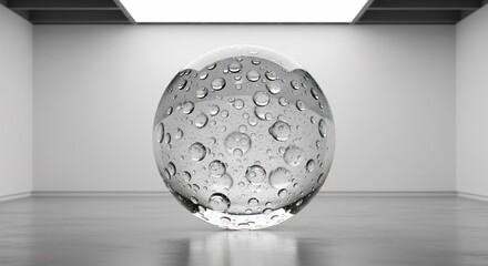 A large glass sphere with trapped air bubbles stands in a stark, white room under a bright light