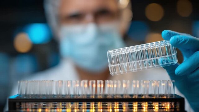 Precision and Innovation: A focused scientist in a sterile lab setting, meticulously handling a test tray. The scene embodies scientific rigor and relentless exploration. 