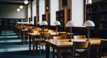 A library interior features rows of wooden tables with lamps and bookshelves against windows