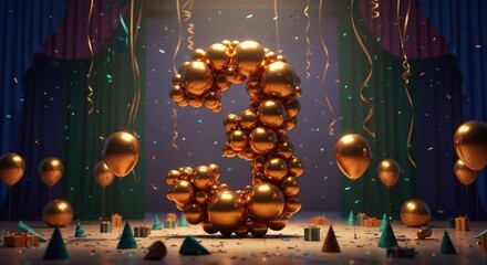 A large golden "3" made of balloons stands on a stage with party decor and confetti