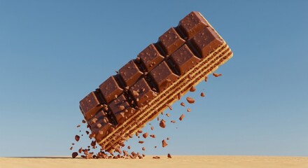 A large, textured chocolate wafer candy bar, seemingly falling, with scattered crumbs against a sky