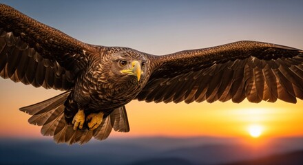 A majestic bird of prey soars against a vibrant sunset, wings spread wide