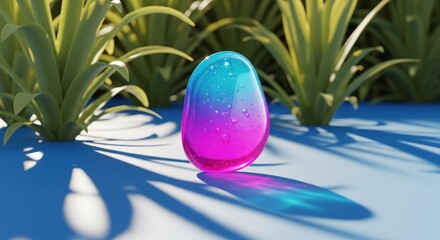 A luminous, teardrop-shaped object, with vibrant hues of pink and blue, sits on a blue surface