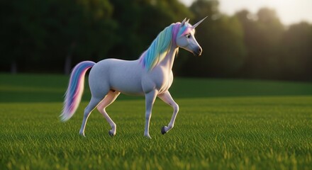 A majestic unicorn with flowing rainbow mane and tail walks gracefully across sunlit green grass