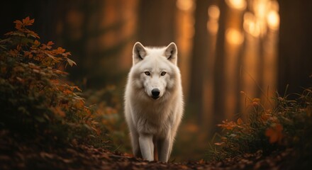 A majestic white wolf walks towards the viewer in a sunlit autumnal forest