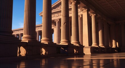 A majestic, sunlit classical building with tall columns and intricate architecture