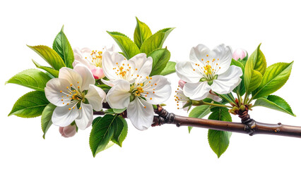 White flowers on tree branch isolated on transparent background