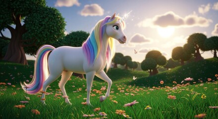 A majestic unicorn with a rainbow mane and tail, walks across a sunny meadow