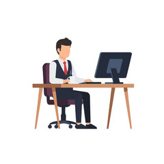 Businessman working on computer at office desk, flat design illustration