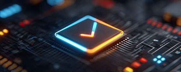 Glowing checkmark symbol on a circuit board with neon blue and orange light
