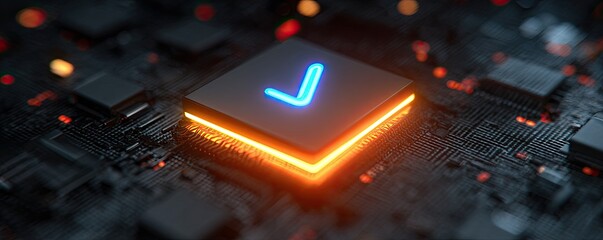 Glowing checkmark on futuristic circuit board with orange and blue lights