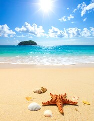 Sandy beach with shells, a starfish, clear water, island, and bright sun
