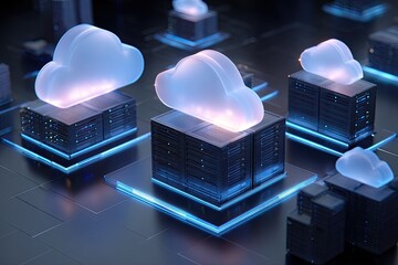 Glowing clouds float above futuristic server racks in a digital network