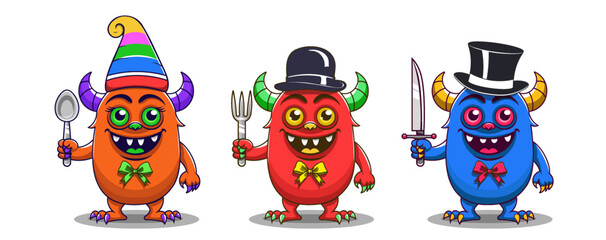 Vector cartoon funny smiling cute horned blue and brown freaks with spoon and fork. Cheerful toon monsters with warts and claws. Set stickers. Isolated white background.