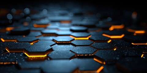 A dark, textured hexagonal surface with glowing orange light emanating from between