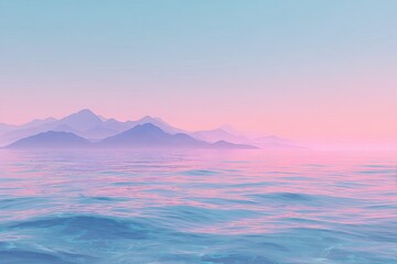 Gentle ocean waves under a pastel pink and blue sky with distant misty mountains