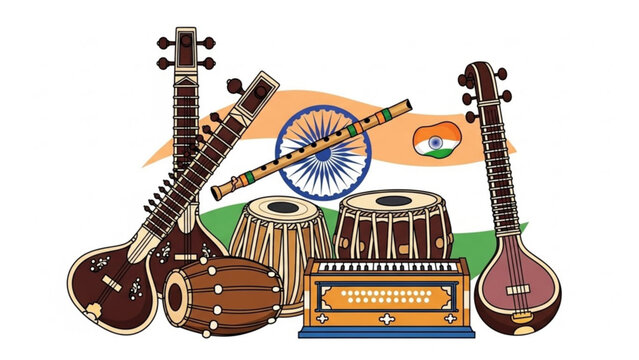 Indian musical instruments and national flag, traditional sitar, tabla, tanpura, harmonium, flute, wheel symbol, india with Indian flag and national symbol