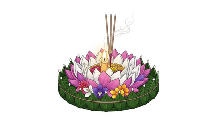 Vibrant floating flower arrangement with incense on green leaves for festive occasions and cultural celebrations with flowers and ornamental